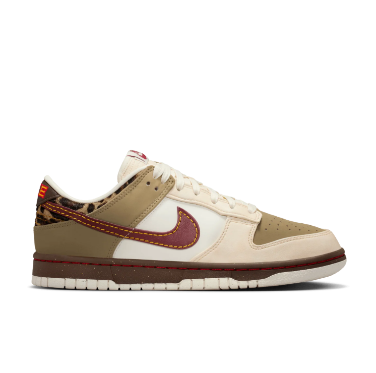 Nike Low-Top Sneakers – Cream & Khaki with Burgundy Swoosh and Leopard Accents