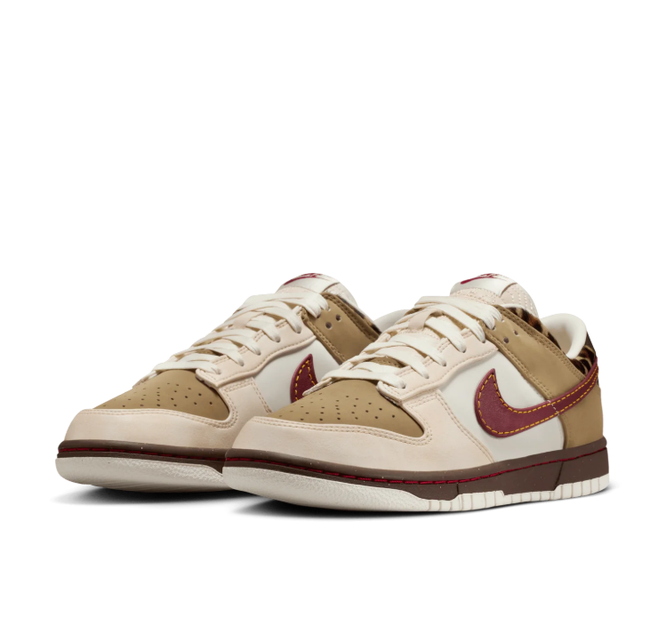 Nike Low-Top Sneakers – Cream & Khaki with Burgundy Swoosh and Leopard Accents