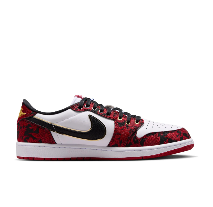 Nike Sneakers – Red & White Low-Top with Floral Texture and Gold-Tone Details