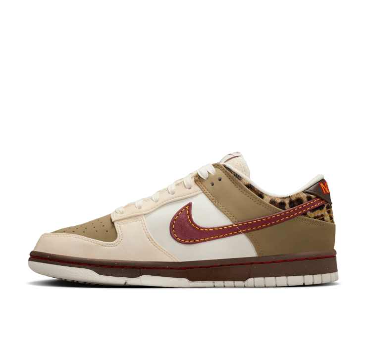 Nike Low-Top Sneakers – Cream & Khaki with Burgundy Swoosh and Leopard Accents
