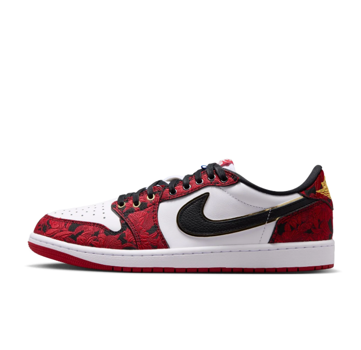 Nike Sneakers – Red & White Low-Top with Floral Texture and Gold-Tone Details