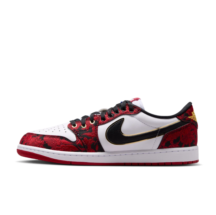 Nike Sneakers – Red & White Low-Top with Floral Texture and Gold-Tone Details
