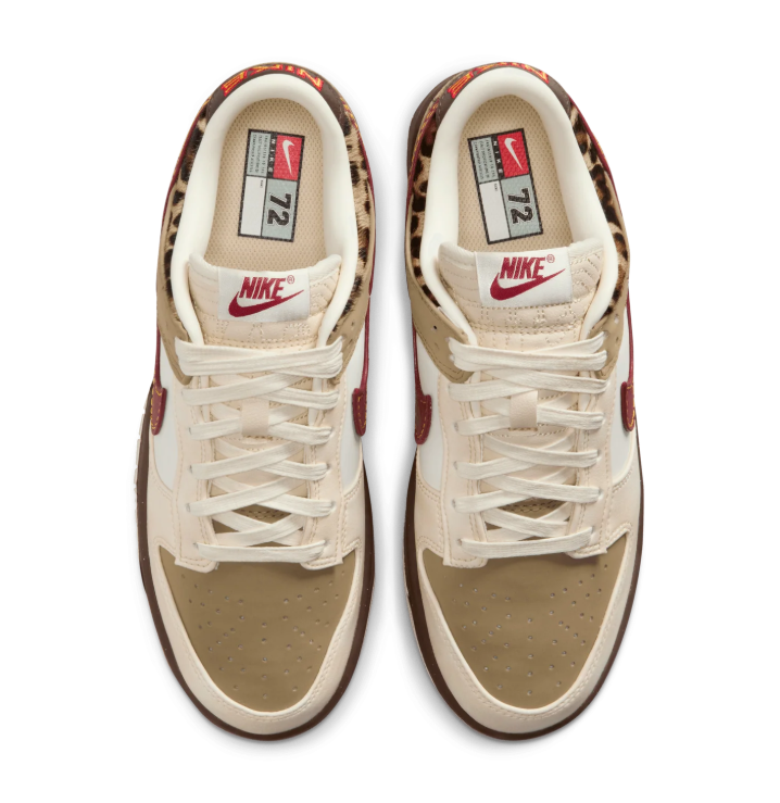 Nike Low-Top Sneakers – Cream & Khaki with Burgundy Swoosh and Leopard Accents