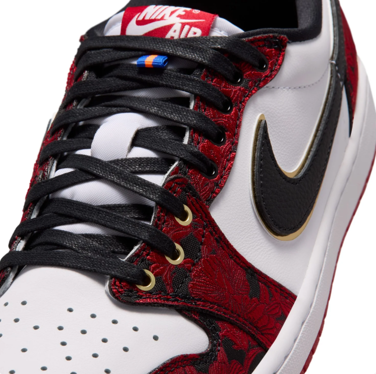 Nike Sneakers – Red & White Low-Top with Floral Texture and Gold-Tone Details