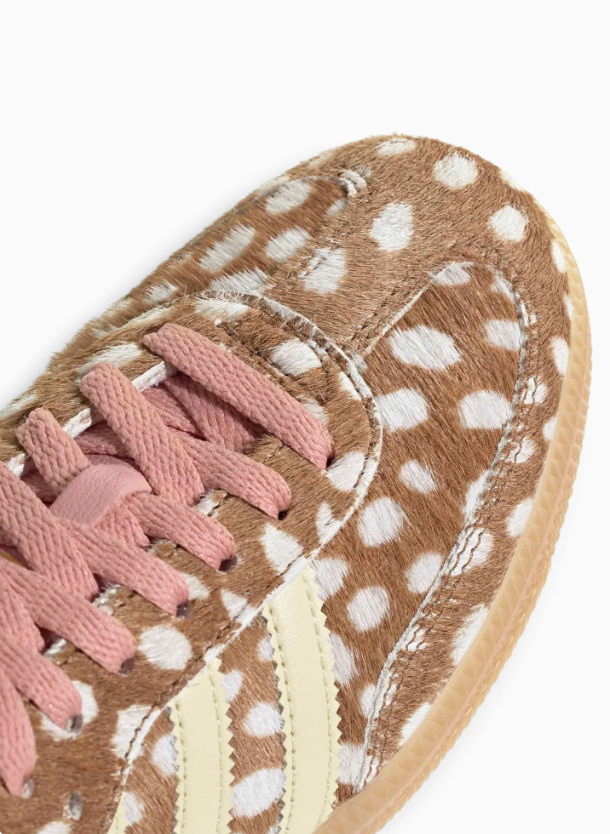adidas Sneakers – Tan & Cream Spotted Print with Pink Laces