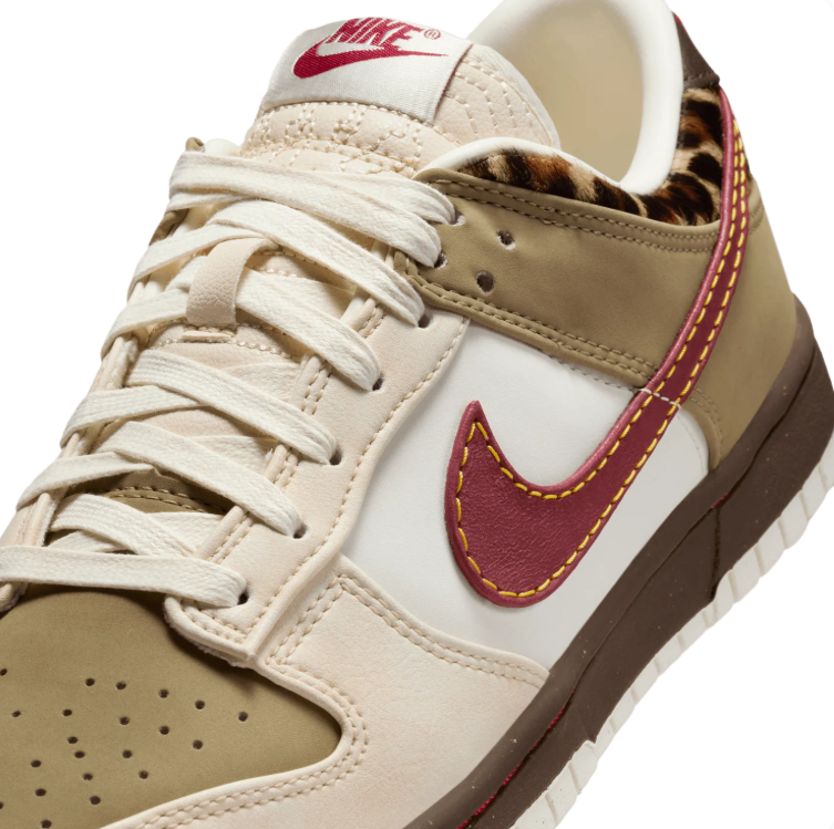 Nike Low-Top Sneakers – Cream & Khaki with Burgundy Swoosh and Leopard Accents