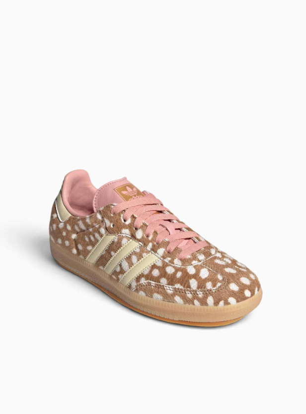 adidas Sneakers – Tan & Cream Spotted Print with Pink Laces
